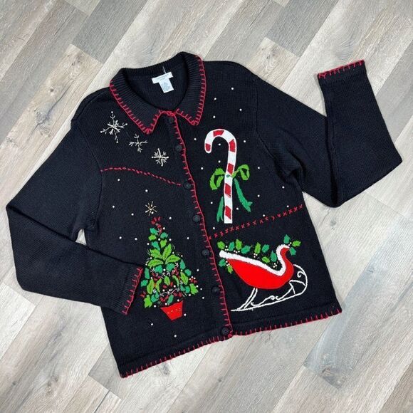 Vintage Ship N Shore Sport Christmas Cardigan Embellished Ugly Sweater Black - Picture 10 of 10